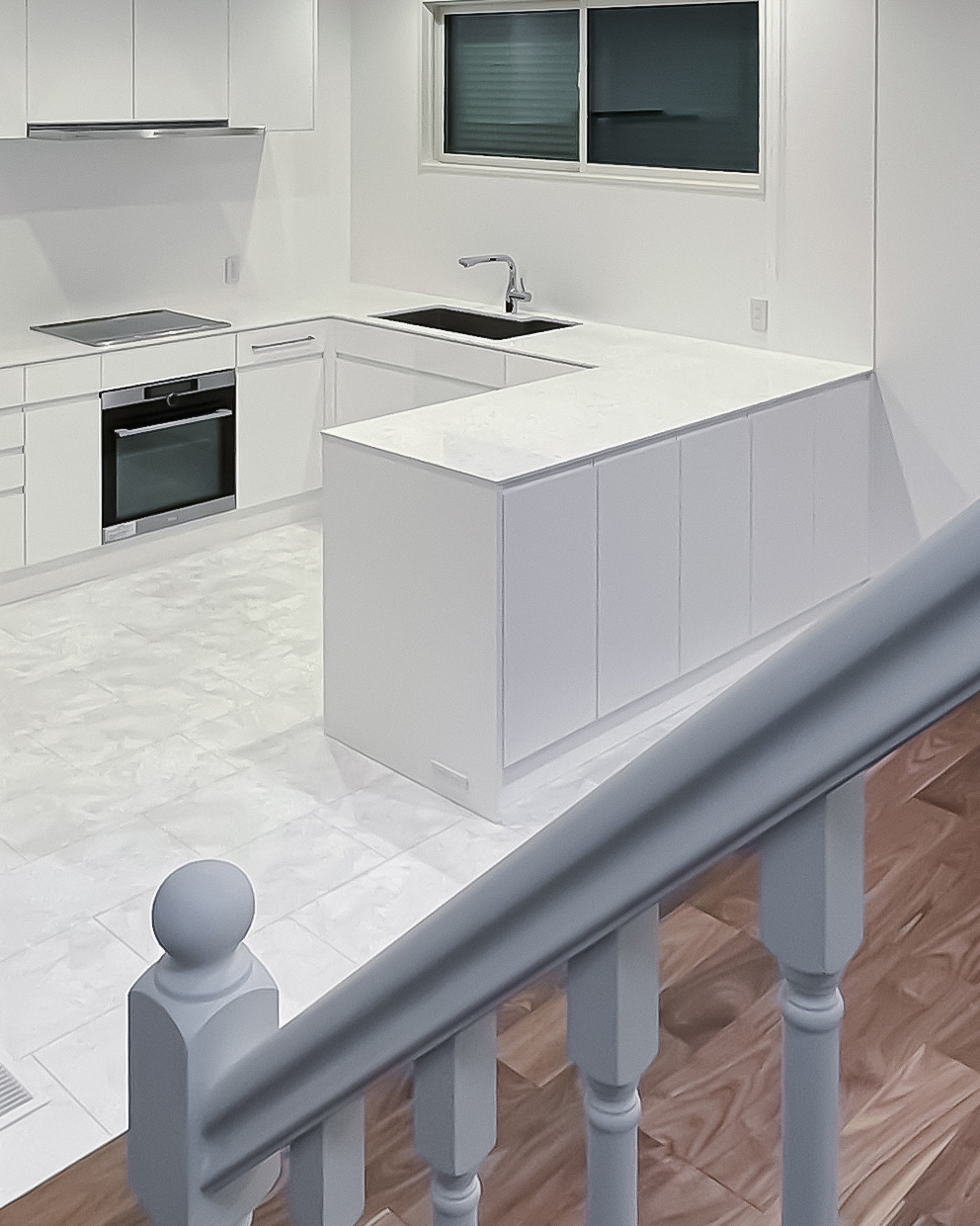 ホワイトで整えられたコの字型キッチン